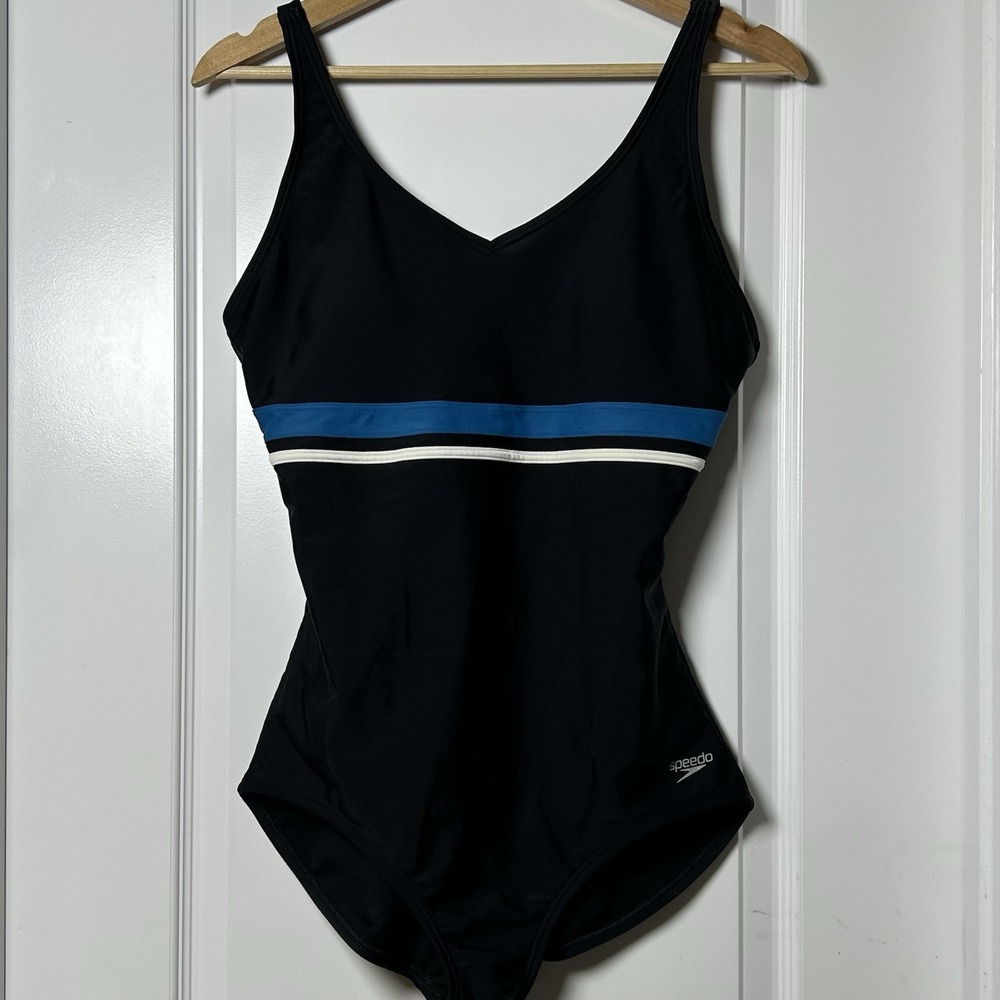 Speedo Black Blue White Striped V-Neck One Piece Swimsuit Performance Style